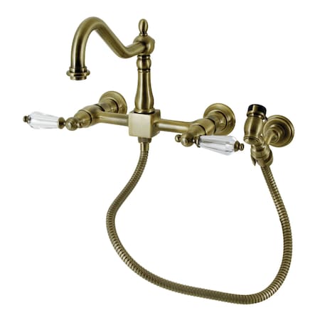 Kingston Brass Wall Mount Bridge Kitchen Faucet with Brass Sprayer, Antique Brass KS1243WLLBS
